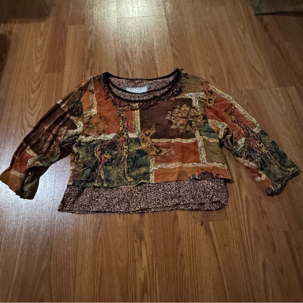 Platinum by Dorothy Schoelen Beaded‎ Patchwork Blouse Earthy Bohemian Folk Art